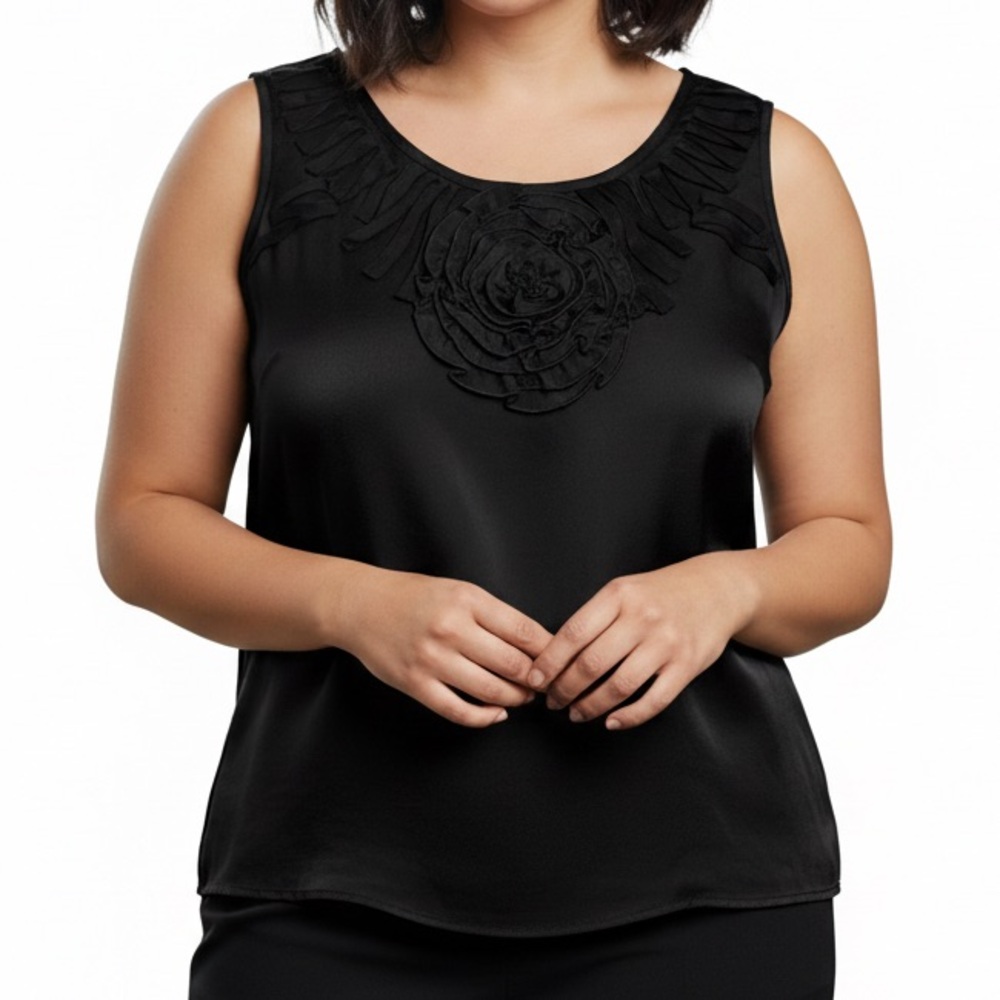 avenue STUDIO Black Satin Ruffle Rosette Sleeveless Blouse 14/16 Top Floral